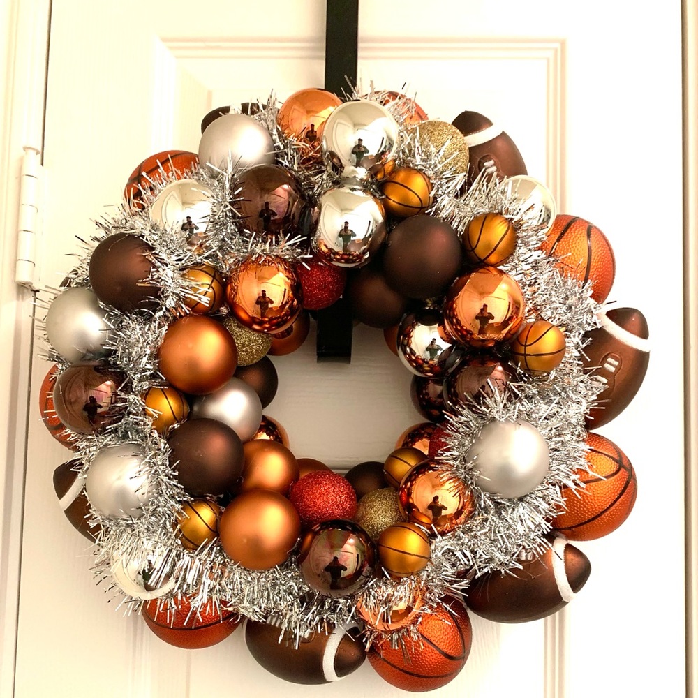 Beautiful basketball and football ornament wreath.